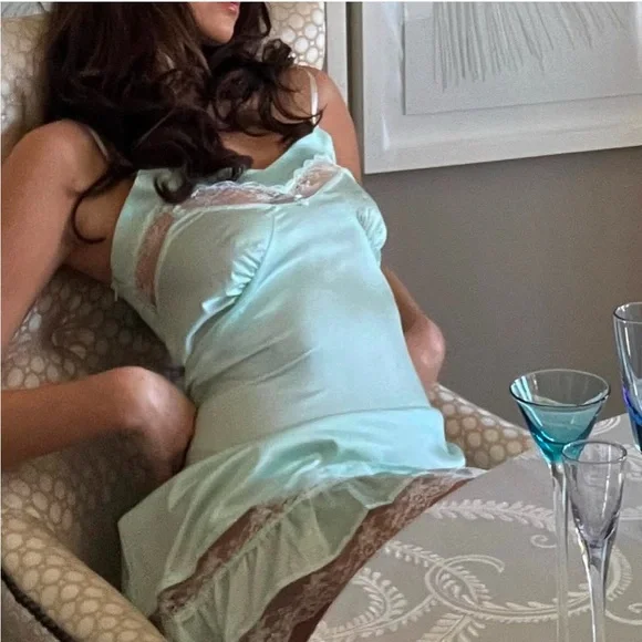 Frankie’s Bikinis Carson Satin Mini Dress in Pistachio